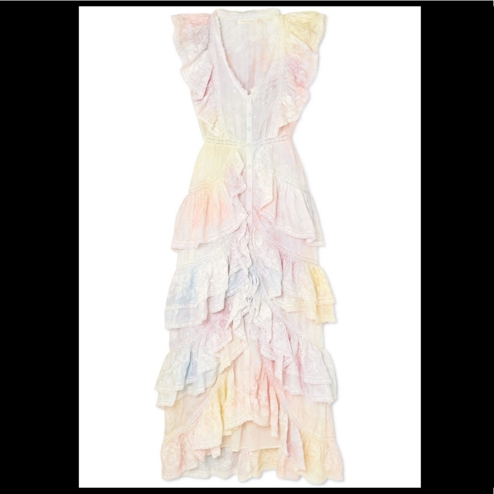 LoveShackFancy Pastel Rainbow Ruffled Maxi Dress